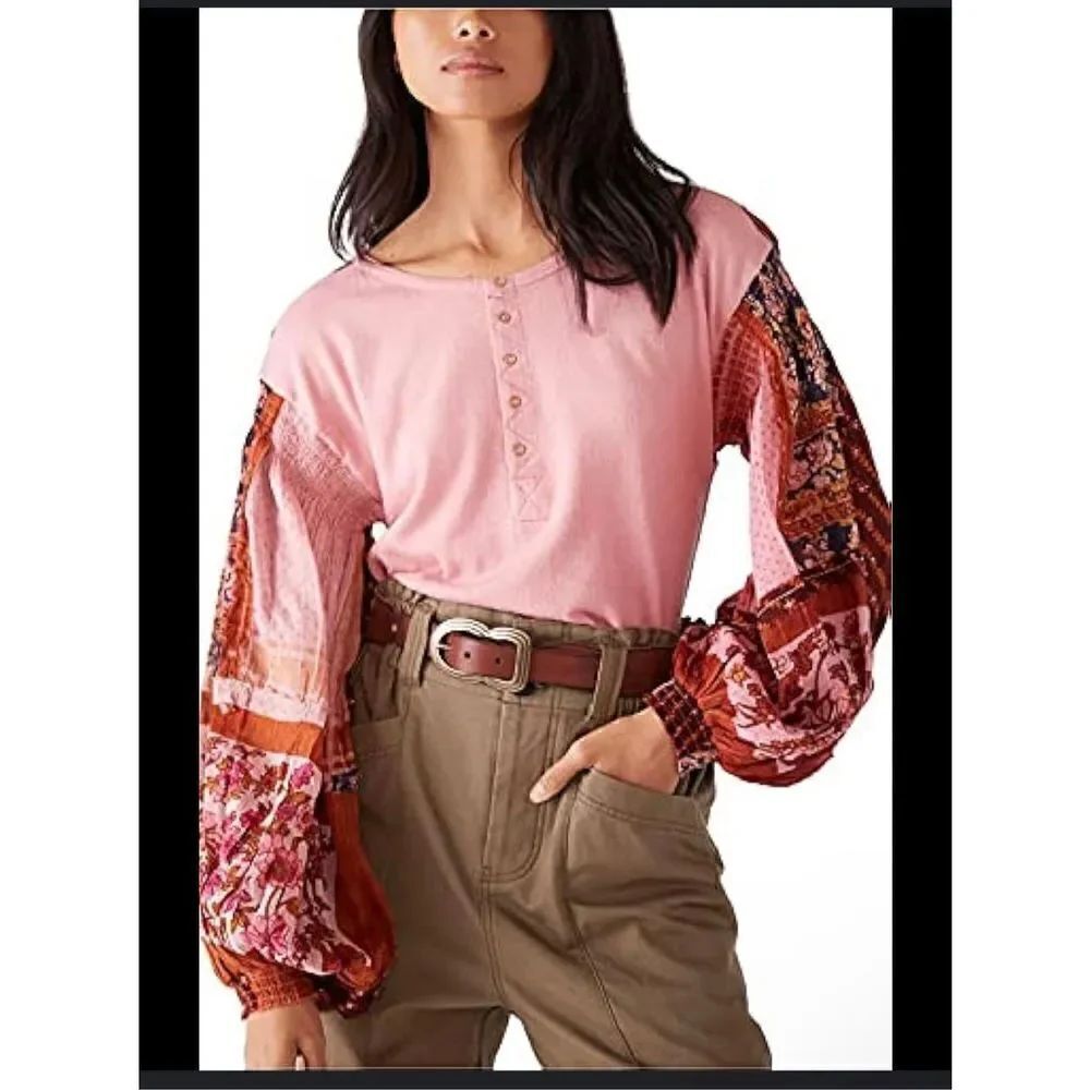 Free people Light magic printed sleeve Henley top in pink xs